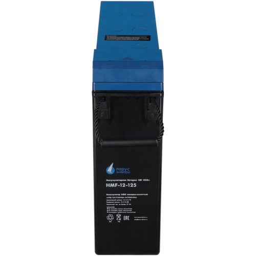 Battery Parus Electro, specialized series HMF-12-125, voltage 12V, capacity 125Ah (discharge 10 hours), max. discharge current (5sec) 950A, max. charge current 37.5A, lead-acid AGM type, M8 bolt terminals, LxWxH 436x108x317mm., total height with terminals