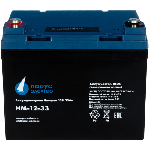 Battery Parus Electro, standard series HM-12-33, voltage 12V, capacity 33Ah (discharge 20 hours), max. discharge current (5sec) 330A, max. charge current 9.9A, lead-acid AGM type, M6 bolt terminals, LxWxH 195x130x155mm., total height with terminals 168mm. Battery Parus Electro, standard series HM-12-33, voltage 12V, capacity 33Ah (discharge 20 hours), max. discharge current (5sec) 330A, max. charge current 9.9A, lead-acid AGM type, M6 bolt terminals, LxWxH 195x130x155mm., total height with terminals 168mm.