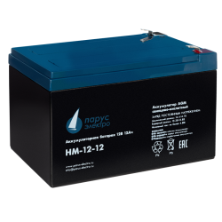 Battery Parus Electro, standard series HM-12-12, voltage 12V, capacity 12Ah (discharge 20 hours), max. discharge current (5sec) 180A, max. charge current 4.8A, lead-acid type AGM, terminals F2, LxWxH 151x98x95mm., total height with terminals 101mm., weigh