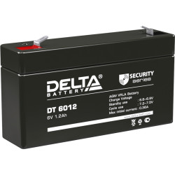 Battery DELTA series DT, DT 6012, voltage 6V, capacity 1.2Ah (discharge 20 hours), max. discharge current (5 sec.) 16.2A, max. charge current 0.36A, lead-acid type AGM, terminals F1, LxWxH 97x24x51mm., weight 0.29kg., service life 5 years.