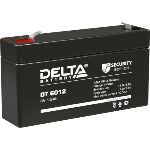 Battery DELTA series DT, DT 6012, voltage 6V, capacity 1.2Ah (discharge 20 hours), max. discharge current (5 sec.) 16.2A, max. charge current 0.36A, lead-acid type AGM, terminals F1, LxWxH 97x24x51mm., weight 0.29kg., service life 5 years.