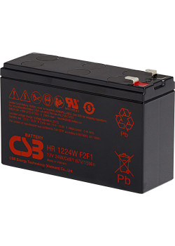 Батарея CSB серия HR, HR1224W F2 F1, напряжение 12В, емкость 6Ач (разряд 20 часов), 24 Вт/Эл при 15-мин. разряде до U кон. - 1.67 В/Эл при 25 °С, макс. ток разряда (5 сек.) 130А, ток короткого замыкания 260А, макс. ток заряда 2.4A, свинцово-кислотная типа