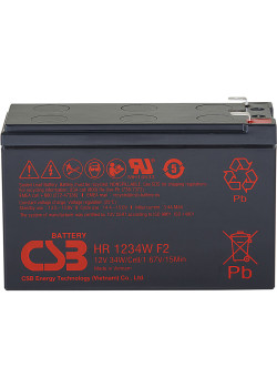 Батарея CSB серия HR, HR1234W F2, напряжение 12В, емкость 8.5Ач (разряд 20 часов), 34 Вт/Эл при 15-мин. разряде до U кон. - 1.67 В/Эл при 25 °С, макс. ток разряда (5 сек.) 130А, ток короткого замыкания 349А, макс. ток заряда 3.4A, свинцово-кислотная типа 