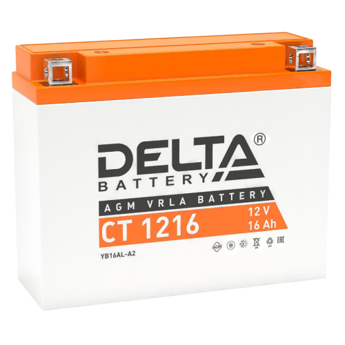 Аккумуляторная батарея для мото-техники/ DELTA серия  CT, CT 1216, напряжение 12В, емкость 16 Ач (разряд 10 часов 10.5 В), пусковой ток: 200А, полярность обратная ( - +),  тип AGM;Pb (свинцово-кислотный), клеммы: BN под болт,  ДxШxВ 205x70x162мм., вес  6,