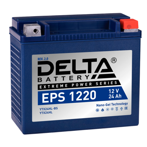 Аккумуляторная батарея для мото-техники/ DELTA серия  EPS, EPS 1220, напряжение 12В, емкость 24 Ач (разряд 10 часов 10.5 В), пусковой ток: 340А, полярность обратная ( - +),  тип AGM;GEL (гелевый), клеммы: M06,  ДxШxВ 205x87x162мм., вес  7,55кг