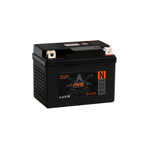 Аккумуляторная батарея для мото-техники/ DELTA серия  N, DELTA N 1204, напряжение 12В, емкость 2,5 Ач (разряд 10 часов 10.5 В), пусковой ток: 300А, полярность обратная ( - +),  тип NaIon (натрий-ионный), клеммы: BN под болт,  ДxШxВ 114x70x87мм., вес  0,47