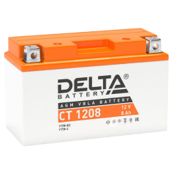 Аккумуляторная батарея для мото-техники/ DELTA серия  CT, CT 1208, напряжение 12В, емкость 8 Ач (разряд 10 часов 10.5 В), пусковой ток: 130А, полярность обратная ( - +),  тип AGM;Pb (свинцово-кислотный), клеммы: BN под болт,  ДxШxВ 150x66x95мм., вес  2,25