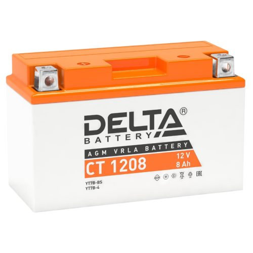 Аккумуляторная батарея для мото-техники/ DELTA серия  CT, CT 1208, напряжение 12В, емкость 8 Ач (разряд 10 часов 10.5 В), пусковой ток: 130А, полярность обратная ( - +),  тип AGM;Pb (свинцово-кислотный), клеммы: BN под болт,  ДxШxВ 150x66x95мм., вес  2,25
