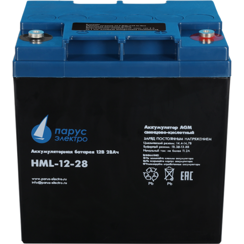 Battery Parus Electro, professional series HML-12-28, voltage 12V, capacity 28Ah (discharge 20 hours), max. discharge current (5sec) 310A, max. charge current 11.2A, lead-acid AGM type, M5 bolt terminals, LxWxH 165x125x175mm., total height with terminals 