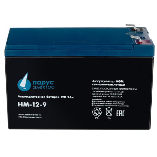 Battery Parus Electro, standard series HM-12-9, voltage 12V, capacity 9Ah (discharge 20 hours), max. discharge current (5sec) 135A, max. charge current 3.6A, lead-acid type AGM, terminals F2, LxWxH 151x65x94mm., total height with terminals 100mm., weight 