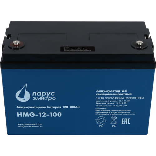 Battery Parus Electro, professional series HMG-12-100, voltage 12V, capacity 100Ah (discharge 10 hours), max. discharge current (5sec) 900A, max. charge current 30A, lead-acid GEL type, M8 bolt terminals, LxWxH 330x171x215mm, total height with terminals 2 Battery Parus Electro, professional series HMG-12-100, voltage 12V, capacity 100Ah (discharge 10 hours), max. discharge current (5sec) 900A, max. charge current 30A, lead-acid GEL type, M8 bolt terminals, LxWxH 330x171x215mm, total height with terminals 2