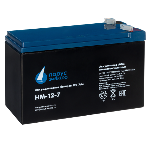 Battery Parus Electro, standard series HM-12-7, voltage 12V, capacity 7.2Ah (discharge 20 hours), max. discharge current (5sec) 105A, max. charge current 2.88A, lead-acid type AGM, terminals F2, LxWxH 151x65x94mm., total height with terminals 100mm., weig