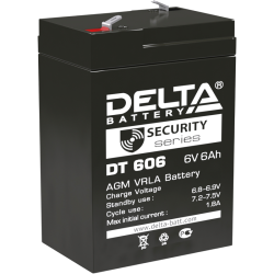 Батарея DELTA серия DT, DT 606, напряжение 6В, емкость 6Ач (разряд 20 часов),  макс. ток разряда (5 сек.) 90А, макс. ток заряда 1.8А, свинцово-кислотная типа AGM, клеммы F1, ДxШxВ 70х48х101мм., вес 0.81кг., срок службы 5 лет./ Battery DELTA series DT, DT 
