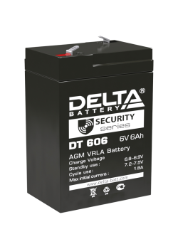 Батарея DELTA серия DT, DT 606, напряжение 6В, емкость 6Ач (разряд 20 часов),  макс. ток разряда (5 сек.) 90А, макс. ток заряда 1.8А, свинцово-кислотная типа AGM, клеммы F1, ДxШxВ 70х48х101мм., вес 0.81кг., срок службы 5 лет./ Battery DELTA series DT, DT 