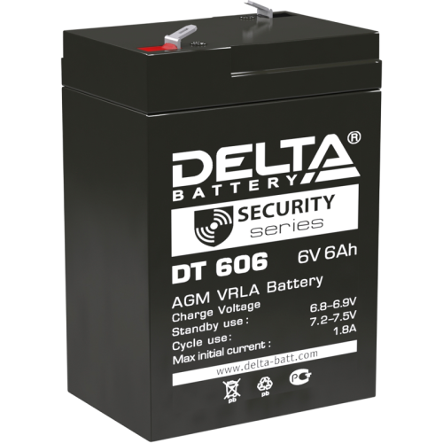 Батарея DELTA серия DT, DT 606, напряжение 6В, емкость 6Ач (разряд 20 часов),  макс. ток разряда (5 сек.) 90А, макс. ток заряда 1.8А, свинцово-кислотная типа AGM, клеммы F1, ДxШxВ 70х48х101мм., вес 0.81кг., срок службы 5 лет./ Battery DELTA series DT, DT 