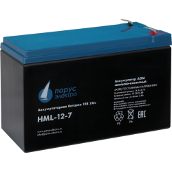 Battery Parus Electro, professional series HML-12-7, voltage 12V, capacity 7.2Ah (discharge 20 hours), max. discharge current (5sec) 140A, max. charge current 2.8A, lead-acid type AGM, terminals F2, LxWxH 151x65x94mm., total height with terminals 101mm., 