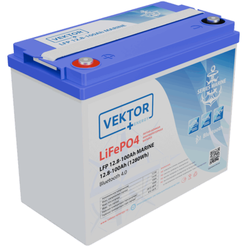 Батарея Vektor Energy серия LFP MARINE, LFP 12.8-100, напряжение 12.8В, емкость 100 Ач, макс. ток разряда 100А, макс. ток заряда 100 А, литий-ионная аккуумуляторная батарея, клеммы M8, ДxШxВ 258*166*215 мм., вес 9,9 кг., срок службы 15 лет