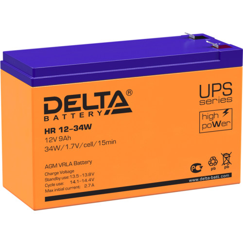Battery DELTA series HR-W, HR 12-34 W, voltage 12V, capacity 9Ah (discharge 20 hours), max. discharge current (5 sec.) 160A, max. charge current 2.7A, lead-acid type AGM, terminals F2, LxWxH 151x65x94mm., weight 2.62kg., service life 8 years.