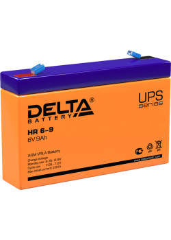 Battery DELTA series HR, HR 6-9, voltage 6V, capacity 9Ah (discharge 20 hours), max. discharge current (5 sec.) 135A, max. charge current 2.55A, lead-acid type AGM, terminals F1, LxWxH 151x34x94mm., weight 1.37kg., service life 8 years.