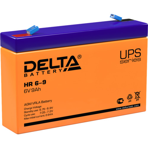 Battery DELTA series HR, HR 6-9, voltage 6V, capacity 9Ah (discharge 20 hours), max. discharge current (5 sec.) 135A, max. charge current 2.55A, lead-acid type AGM, terminals F1, LxWxH 151x34x94mm., weight 1.37kg., service life 8 years.