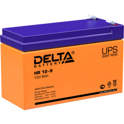 Battery DELTA series HR, HR 12-9, voltage 12V, capacity 9Ah (discharge 20 hours), max. discharge current (5 sec.) 135A, max. charge current 2.7A, lead-acid type AGM, terminals F2, LxWxH 151x65x94mm., weight 2.78kg., service life 8 years.