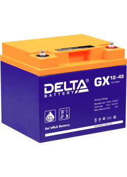 Батарея DELTA серия GX, GX 12-45, напряжение 12В, емкость 45Ач (разряд 20 часов),  макс. ток разряда (5 сек.) 450А, макс. ток заряда 8.9А, свинцово-кислотная типа GEL, клеммы под болт М6, ДxШxВ 197х165х170мм., вес 14.6кг., срок службы 15 лет./ Battery DEL