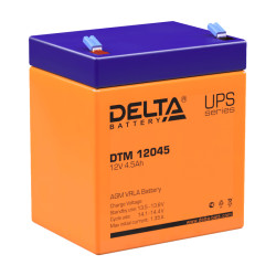 Battery DELTA series DTM, DTM 12045, voltage 12V, capacity 4.5Ah (discharge 20 hours), max. discharge current (5 sec.) 67.5A, max. charge current 1.35A, lead-acid type AGM, terminals F1, LxWxH 90x70x101mm., weight 1.6kg., service life 6 years.