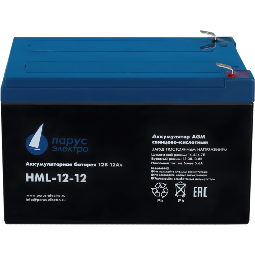 Battery Parus Electro, professional series HML-12-12, voltage 12V, capacity 12Ah (discharge 20 hours), max. discharge current (5sec) 180A, max. charge current 4.8A, lead-acid type AGM, terminals F2, LxWxH 151x98x95mm., full height with terminals 101mm., w