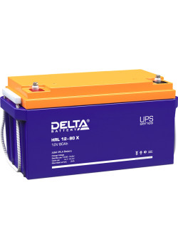 Батарея DELTA серия HRL-X, HRL 12-80 X, напряжение 12В, емкость 80Ач (разряд 10 часов),  макс. ток разряда (5 сек.) 750А, макс. ток заряда 24А, свинцово-кислотная типа AGM, клеммы под болт М6, ДxШxВ 350х167х179мм., вес 24.2кг., срок службы 12 лет.