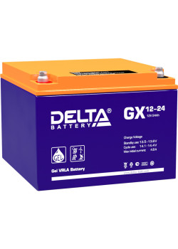 Батарея DELTA серия GX, GX 12-24, напряжение 12В, емкость 24Ач (разряд 20 часов),  макс. ток разряда (5 сек.) 300А, макс. ток заряда 4.76А, свинцово-кислотная типа GEL, клеммы под болт М5, ДxШxВ 166х175х125мм., вес 8.3кг., срок службы 15 лет./ Battery DEL