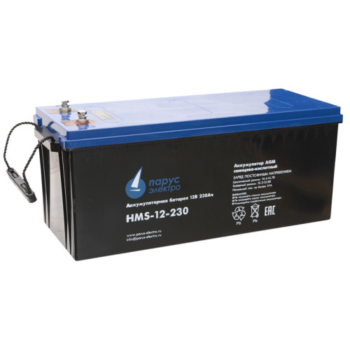 Battery Parus Electro, specialized series HMS-12-230 822W, voltage 12V, capacity 230Ah (discharge 20 hours), power at 15 min. discharge up to U - 1.65 V/cell at 25 °C 822W, max. discharge current (5sec) 1350A, max. charge current 69A, lead-acid AGM type, 