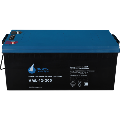 Battery Parus Electro, professional series HML-12-200, voltage 12V, capacity 200Ah (discharge 10 hours), max. discharge current (5sec) 1000A, max. charge current 60A, lead-acid type AGM, bolt terminals M8, LxWxH 522x238x218mm., total height with terminals Battery Parus Electro, professional series HML-12-200, voltage 12V, capacity 200Ah (discharge 10 hours), max. discharge current (5sec) 1000A, max. charge current 60A, lead-acid type AGM, bolt terminals M8, LxWxH 522x238x218mm., total height with terminals