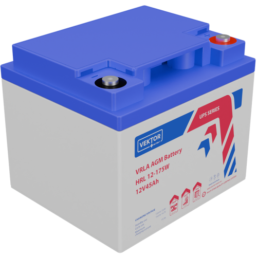 Батарея Vektor Battery серия HRL, HRL 12-175W, напряжение 12В, емкость 45 Ач (разряд 10 часов), макс. ток разряда (5 сек.) 450 А, макс. ток заряда 13,5 А, свинцово-кислотная типа AGM, клеммы М6, ДxШxВ 197x165x169мм., вес 13,6 кг., срок службы 12 лет