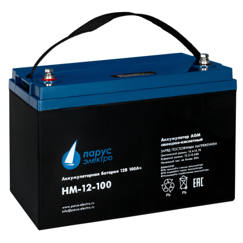 Battery Parus Electro, standard series HM-12-100, voltage 12V, capacity 100Ah (discharge 10 hours), max. discharge current (5sec) 900A, max. charge current 30A, lead-acid type AGM, bolt terminals M8, LxWxH 330x171x215mm., total height with terminals 222mm