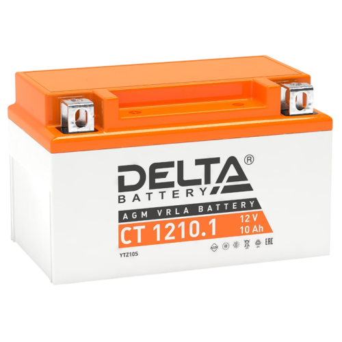 Аккумуляторная батарея для мото-техники/ DELTA серия  CT, CT 1210.1, напряжение 12В, емкость 10 Ач (разряд 10 часов 10.5 В), пусковой ток: 190А, полярность обратная ( - +),  тип AGM;Pb (свинцово-кислотный), клеммы: BN под болт,  ДxШxВ 150x86x93мм., вес  2