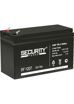 Батарея SECURITY FORCE серия SF, SF 1207, напряжение 12В, емкость 7Ач (разряд 20 часов),  макс. ток разряда (5 сек.) 60А, макс. ток заряда 2.1А, свинцово-кислотная типа AGM, клеммы F1, ДxШxВ 151х65х95мм., вес кг., срок службы 3-5 лет./ Battery SECURITY FO