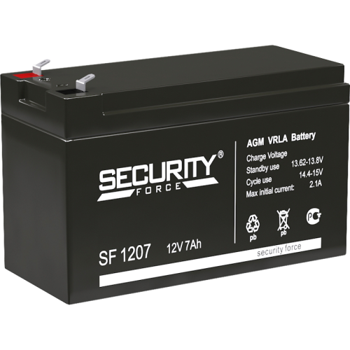 Батарея SECURITY FORCE серия SF, SF 1207, напряжение 12В, емкость 7Ач (разряд 20 часов),  макс. ток разряда (5 сек.) 60А, макс. ток заряда 2.1А, свинцово-кислотная типа AGM, клеммы F1, ДxШxВ 151х65х95мм., вес кг., срок службы 3-5 лет./ Battery SECURITY FO