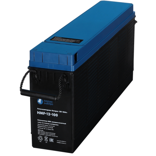 Battery Parus Electro, specialized series HMF-12-100, voltage 12V, capacity 100Ah (discharge 10 hours), max. discharge current (5sec) 900A, max. charge current 30A, lead-acid type AGM, bolt terminals M8, LxWxH 508x110x231mm., total height with terminals 2