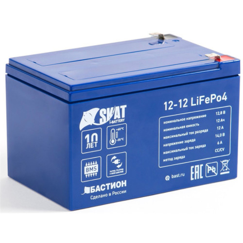 646 Skat i-Battery 12-12 LiFePo4 аккумуляторная батарея, 12 В, 12 Ач Li-Ion АКБ, на базе LiFePo4 элементов IFR 26650, структура 4P4S. Номинальное напряжение 12,8 В, напряжение заряда до 14В. Максимальный ток разряда до 12 А; ток заряда до 6А. Встроенная с