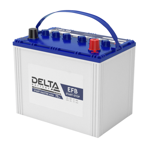 Аккумуляторная батарея для автомобилей/ DELTA серия  START MASTER, DELTA START MASTER 75 Ah EFB Asia, напряжение 12В, емкость 75 Ач (разряд 20 часов; 10.5В), пусковой ток: 700А, полярность обратная ( - +),  тип EFB;Pb (свинцово-кислотный), клеммы: Конус, 