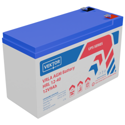 Батарея Vektor Battery серия HRL, HRL 12-40W, напряжение 12В, емкость 9 Ач (разряд 20 часов), макс. ток разряда (5 сек.) 135А, макс. ток заряда 2,7A, свинцово-кислотная типа AGM, клеммы F2, ДxШxВ 151x65x99.5мм., вес 2.58кг., срок службы 12 лет