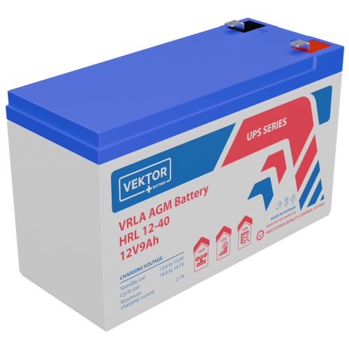 Батарея Vektor Battery серия HRL, HRL 12-40W, напряжение 12В, емкость 9 Ач (разряд 20 часов), макс. ток разряда (5 сек.) 135А, макс. ток заряда 2,7A, свинцово-кислотная типа AGM, клеммы F2, ДxШxВ 151x65x99.5мм., вес 2.58кг., срок службы 12 лет
