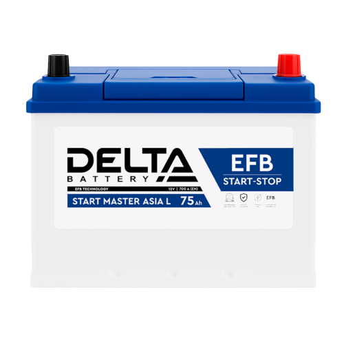 Аккумуляторная батарея для автомобилей/ DELTA серия  START MASTER EFB Asia , START MASTER EFB 75 Ah Asia (с бортом) L , напряжение 12В, емкость 75 Ач (разряд 20 часов; 10.5В), пусковой ток: 700А, полярность обратная ( - +),  тип EFB;Pb (свинцово-кислотный