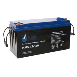 Battery Parus Electro, specialized series HMS-12-150 571W, voltage 12V, capacity 150Ah (discharge 10 hours), power at 15 min. discharge up to U - 1.65 V/cell at 25 °C 571W, max. discharge current (5sec) 1000A, max. charge current 45A, lead-acid type AGM, 