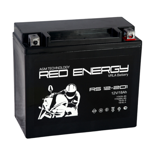 Аккумуляторная батарея для мото-техники/ DELTA серия  RS, RS 12201, напряжение 12В, емкость 18 Ач (разряд 10 часов 10.5 В), пусковой ток: 144А, полярность обратная ( - +),  тип AGM;Pb (свинцово-кислотный), клеммы: BN под болт,  ДxШxВ 177x88x154мм., вес  5