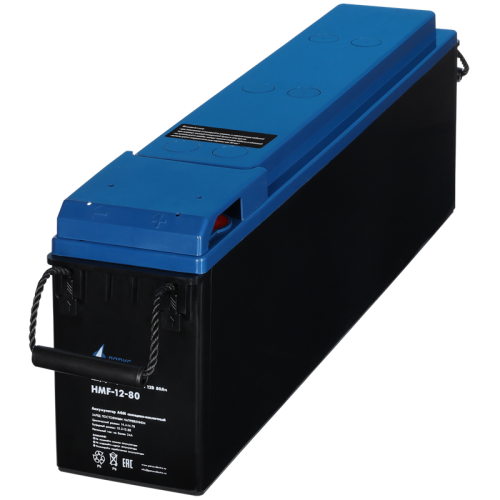 Battery Parus Electro, specialized series HMF-12-80, voltage 12V, capacity 80Ah (discharge 10 hours), max. discharge current (5sec) 800A, max. charge current 24A, lead-acid type AGM, bolt terminals M8, LxWxH 564x115x189mm., full height with terminals 189m