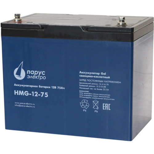 Battery Parus Electro, professional series HMG-12-75, voltage 12V, capacity 75Ah (discharge 10 hours), max. discharge current (5sec) 700A, max. charge current 22.5A, lead-acid GEL type, M6 bolt terminals, LxWxH 258x166x210mm., total height with terminals 