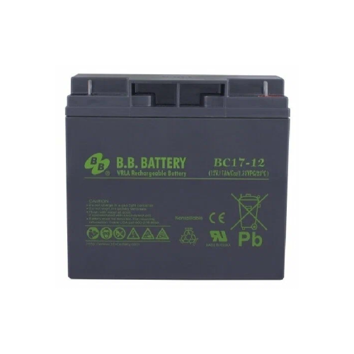 Батарея B.B. Battery серия BC, BC17-12, напряжение 12В, емкость 17Ач (разряд 20 часов), макс. ток разряда (5 сек.) 255А, макс. ток заряда 5.1A, свинцово-кислотная типа AGM, клеммы B1, ДxШxВ 181x76x166мм., вес 5.62кг., срок службы 5-7 лет/ B.B. Battery ser
