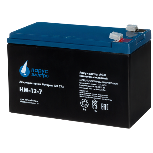 Battery Parus Electro, standard series HM-12-7, voltage 12V, capacity 7.2Ah (discharge 20 hours), max. discharge current (5sec) 105A, max. charge current 2.88A, lead-acid type AGM, terminals F2, LxWxH 151x65x94mm., total height with terminals 100mm., weig