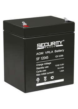 Батарея SECURITY FORCE серия SF, SF 12045, напряжение 12В, емкость 4.6Ач (разряд 20 часов),  макс. ток разряда (5 сек.) 60А, макс. ток заряда 1.35А, свинцово-кислотная типа AGM, клеммы F1, ДxШxВ 90х70х101мм., вес кг., срок службы 3-5 лет./ Battery SECURIT
